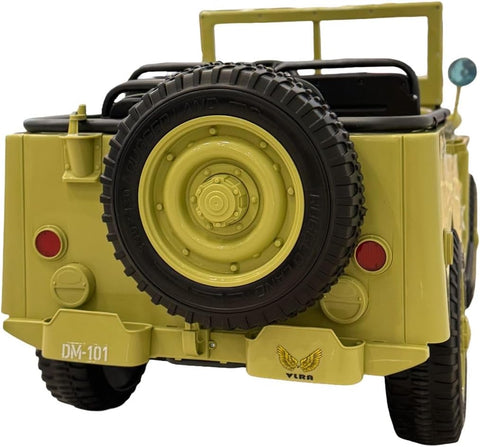 VLRA kids Vintage Military Jeep Ride-On, Army Green, Electric Powered, with LED Headlights