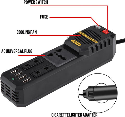 200W Car Power Inverter DC 12V to AC 220V Car Power Inverter with 4 USB Port