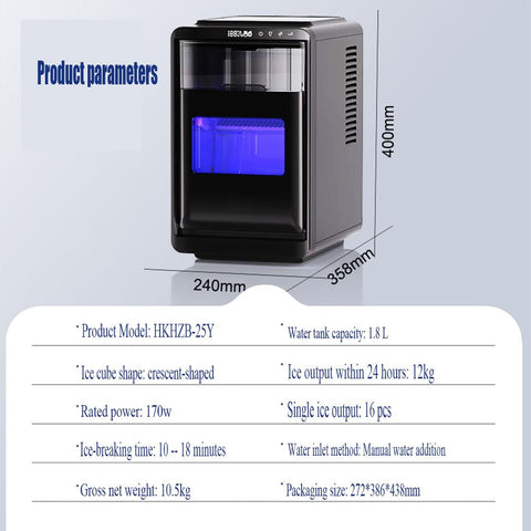 Countertop Ice Maker, Crescent-Shaped Ice, 12kg per 24 Hours, 1.8L Tank, Quick Ice in 13 Minutes, 32dB Low Noise