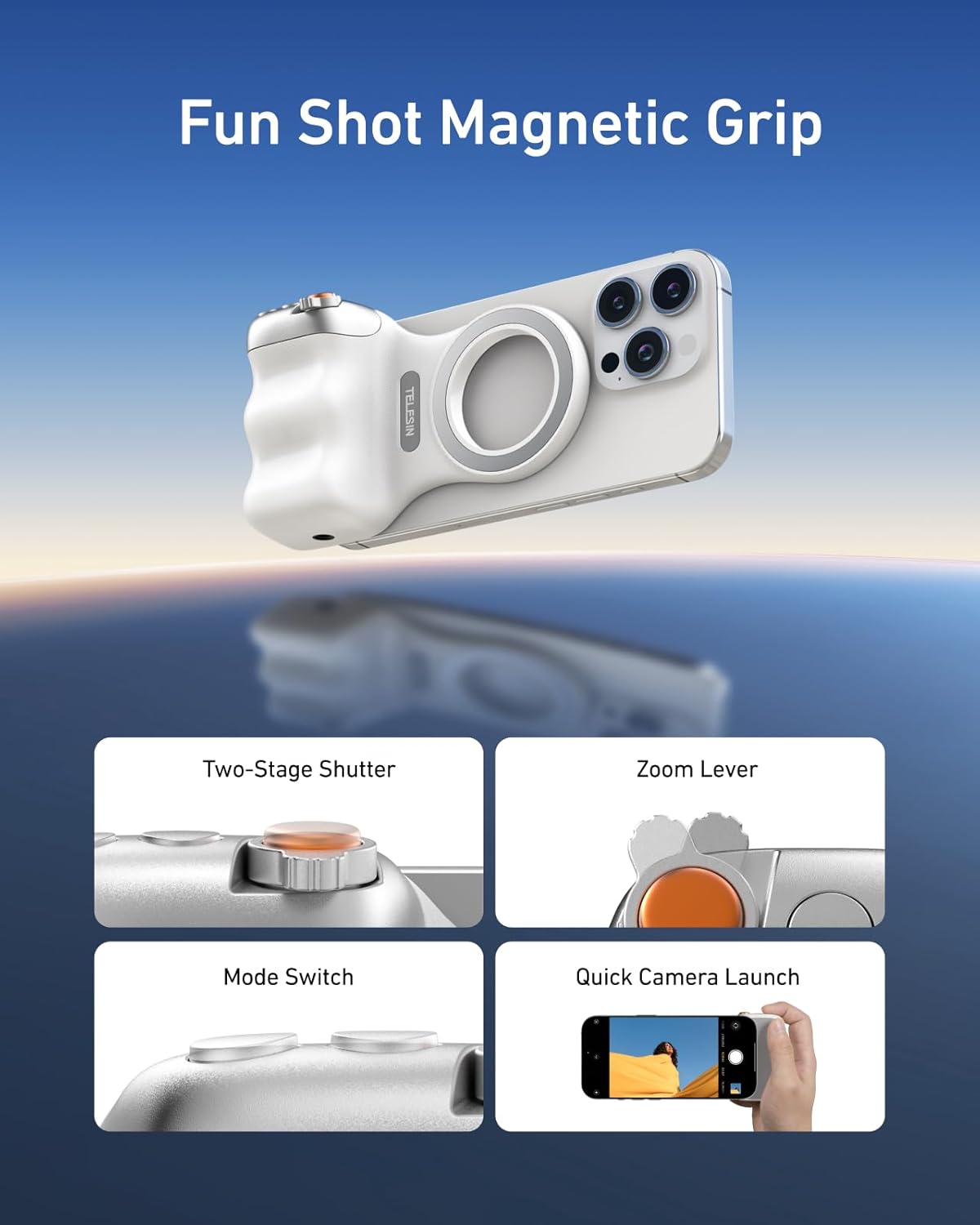 TELESIN Fun Shot Magnetic Phone Camera DSLR Style Shutter Grip for iPhone & Android with Detachable Wireless Shutter Button - MFI Certified