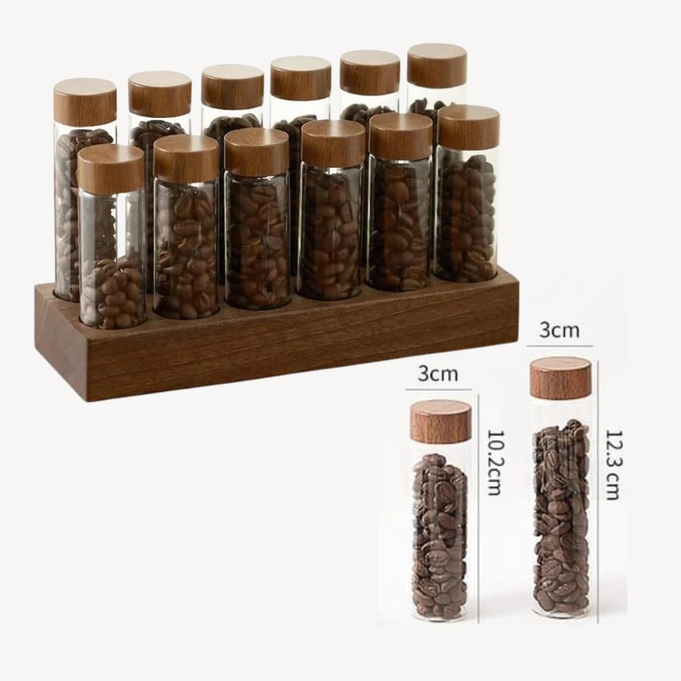 Olmecs 12Pcs Coffee Bean Storage Tubes with Wooden Stand, Glass Vials with Lids for Tea, Coffee, and Spices