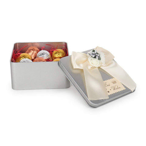 12 Pcs Square Wedding Favour Tin Box With Bow Silver 6x6x4 Cms - Willow