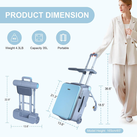Ride On Carry On Luggage With Seat for Kids - Detachable Trolley With Brake