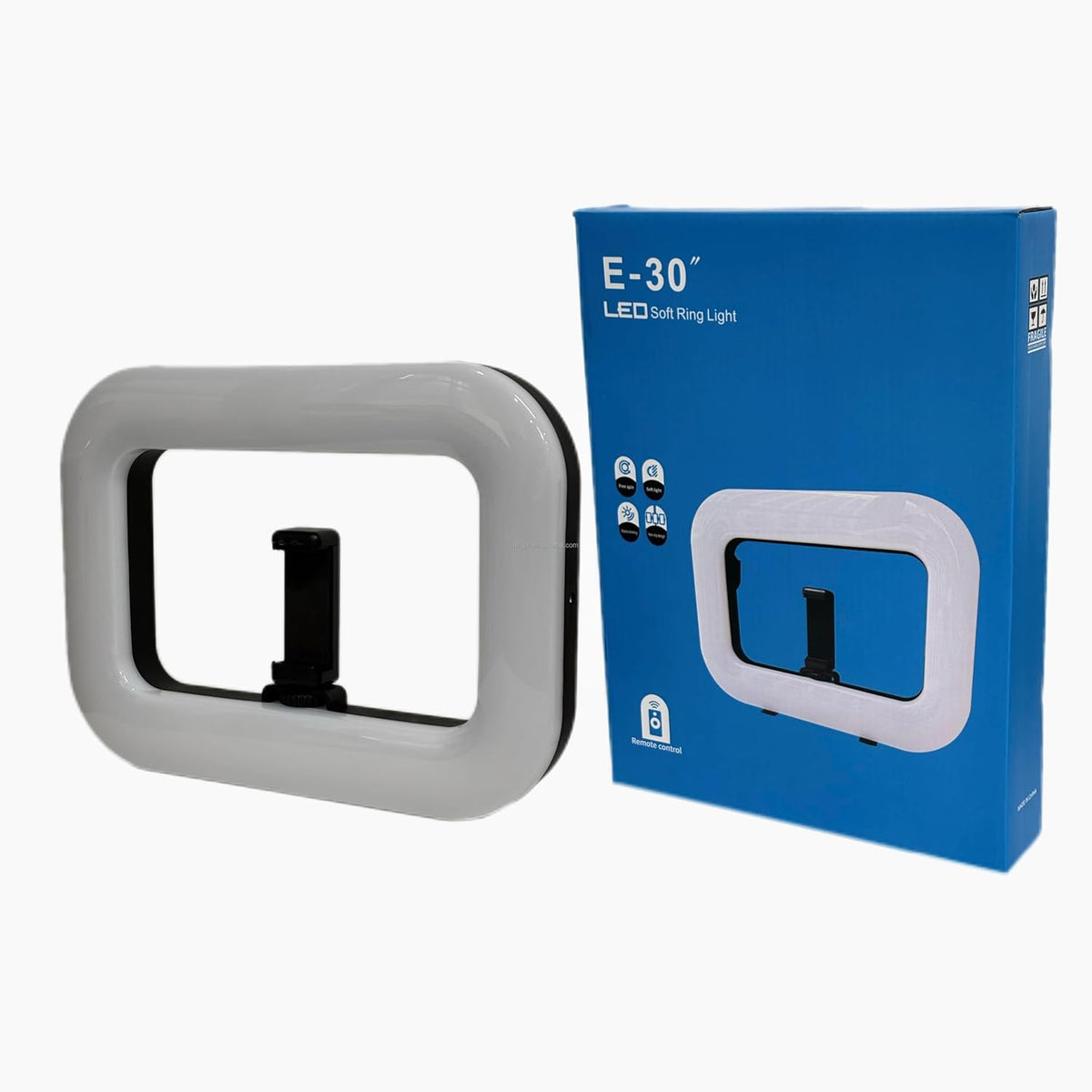 E-30 LED Ring Light for Photography, Soft Light, Built-in Phone Holder, Remote Control, White