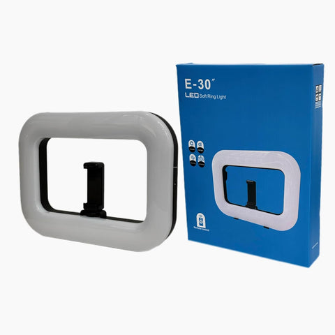 E-30 LED Ring Light for Photography, Soft Light, Built-in Phone Holder, Remote Control, White