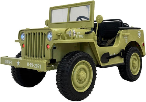 VLRA kids Vintage Military Jeep Ride-On, Army Green, Electric Powered, with LED Headlights