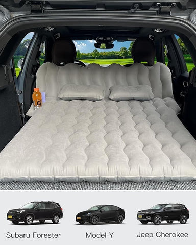 Inflatable Car Air Mattress with Back Seat Support & Pump Black– Ideal for Road Trips, Camping, and Travel Comfort (Grey)