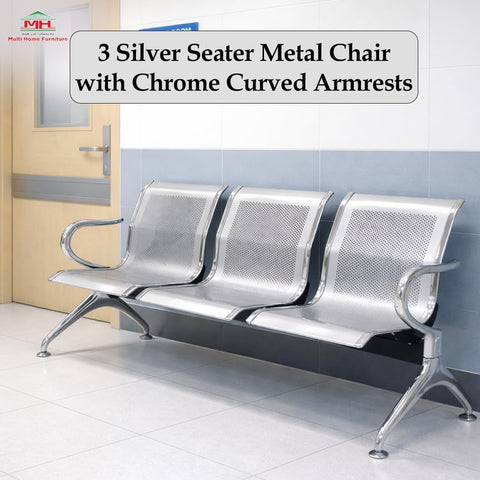 3 Seater  Silver Metal Airport Chair with Chrome Curved Armrests