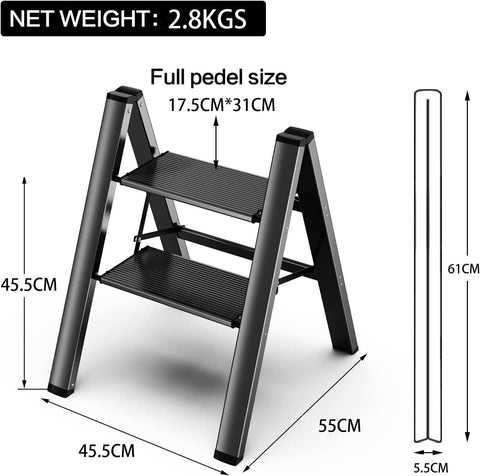 Olmecs 2 Step Ladder Aluminum Folding Step, Stool with Anti-Slip Sturdy and Wide Pedal