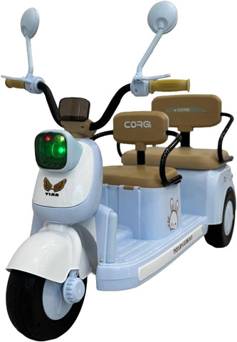 VLRA kids Electric Mobility Scooter, White and Tan, Digital Display, Twin Seat Design, Retro Style with Bunny Decal, Dual Mirrors 3-7 years