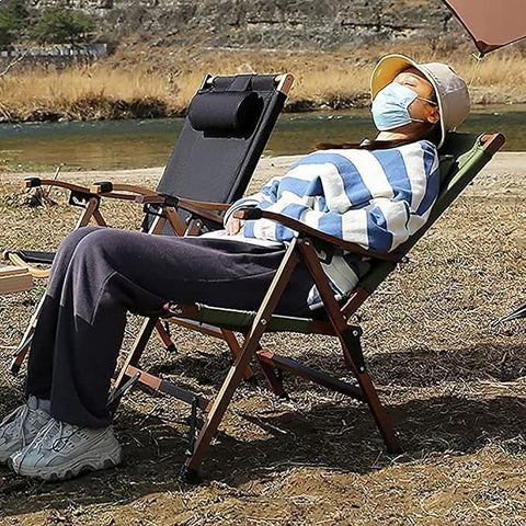 Luxury Reclining Folding Camping Chair, Reclining Chair Wooden Frame Lounge Chair