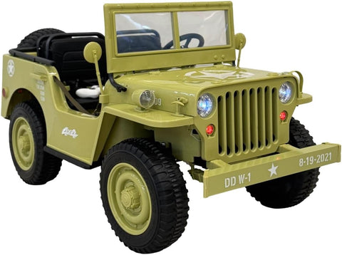 VLRA kids Vintage Military Jeep Ride-On, Army Green, Electric Powered, with LED Headlights