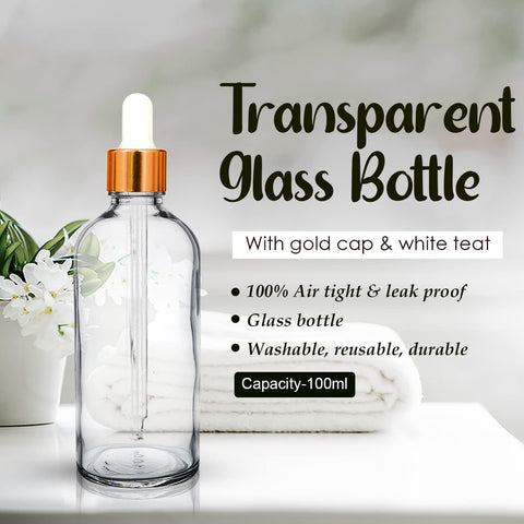 Willow 30/ 50/ 100 ml Clear Round Empty Glass Bottle + Glass Dropper + Gold Ring + White Silicone Teat (12pc Pack)