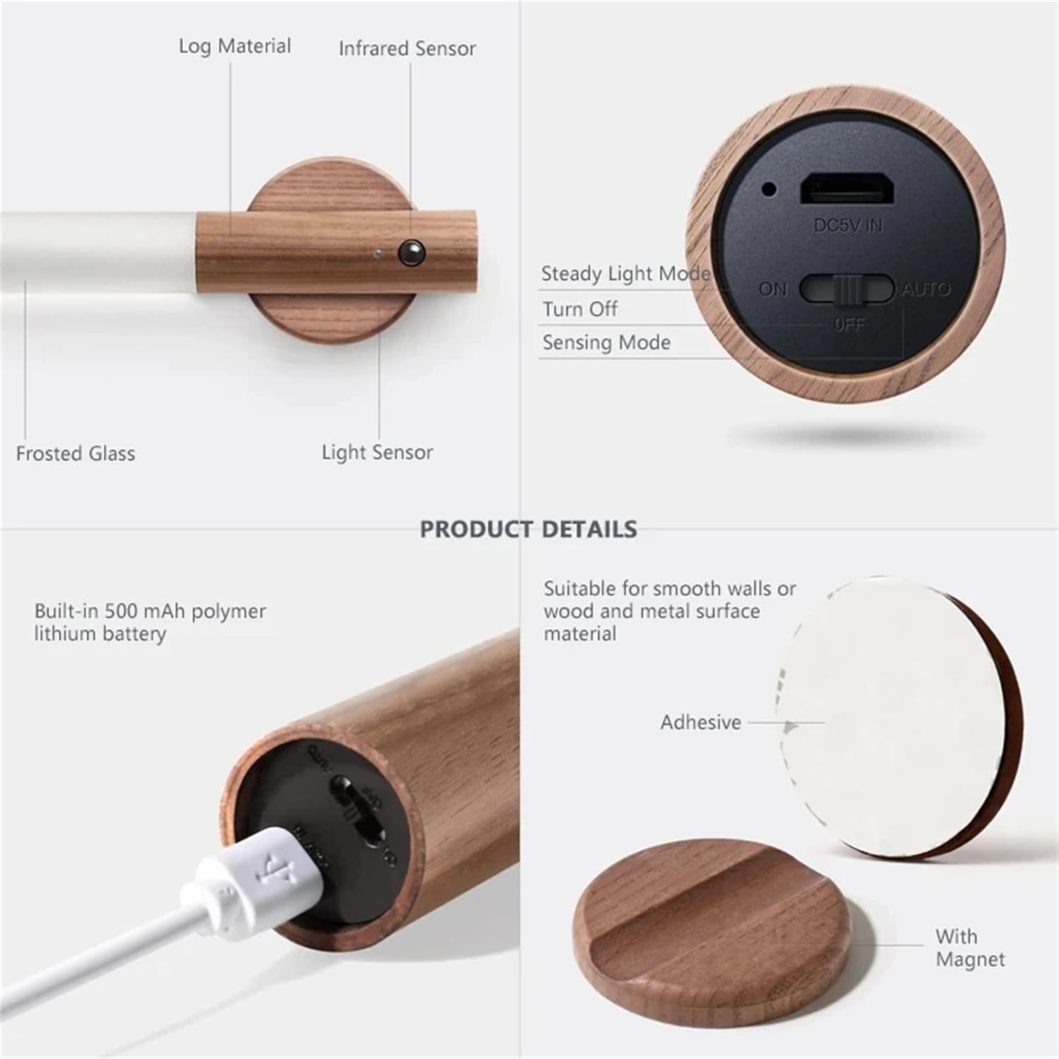 Indoor LED Night Light with Motion Sensor Wooden Wall Light Magnetic USB - Olmecs