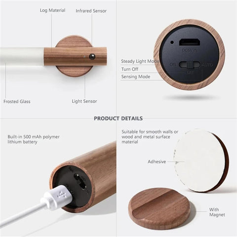 Indoor LED Night Light with Motion Sensor Wooden Wall Light Magnetic USB - Olmecs