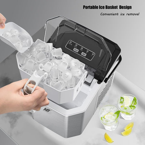 NB North Bayou Countertop Ice Maker, Stainless Steel Portable Ice Machine with Handle,Basket and Scoop, 26Lbs/24H,9 Cubes Ready in 8 Mins