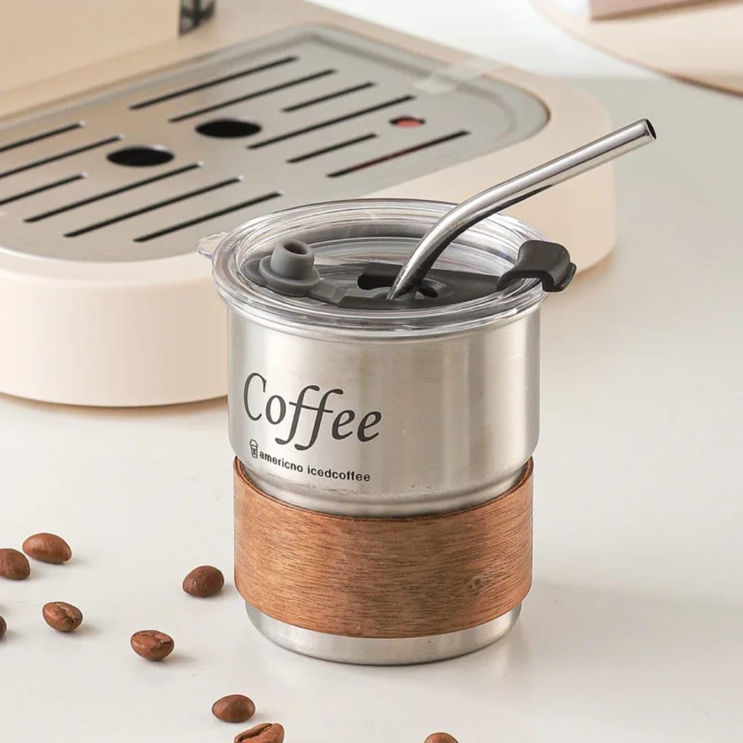 Liying 300ml Steel Coffee Cup Set with Lid (silver)