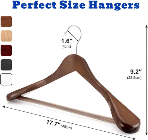 Willow 12 Pack, Wide Shoulder Wooden Hangers  Wood Suit Hangers for Men with Non Slip Pants Bar