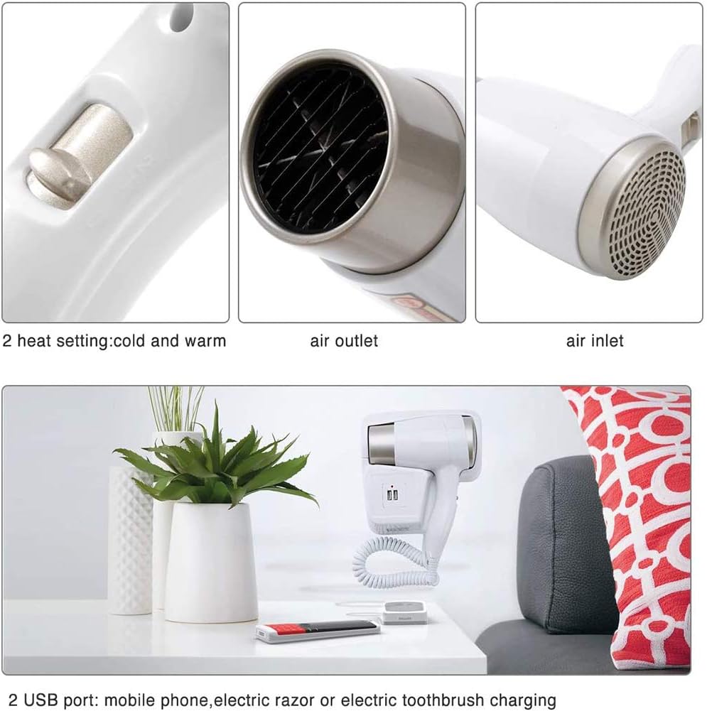 Lightweight Hotel Hair Dryer Wall Mounted, Quiet Professional Hairdryer for Home Bathroom
