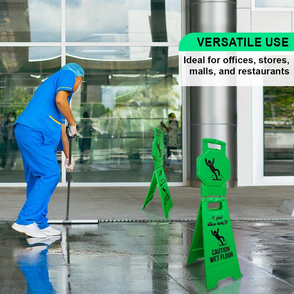 Olmecs Green Caution Wet Floor Sign – Arabic & English Folding Safety Board with Lock Clip – Double-Sided Slip