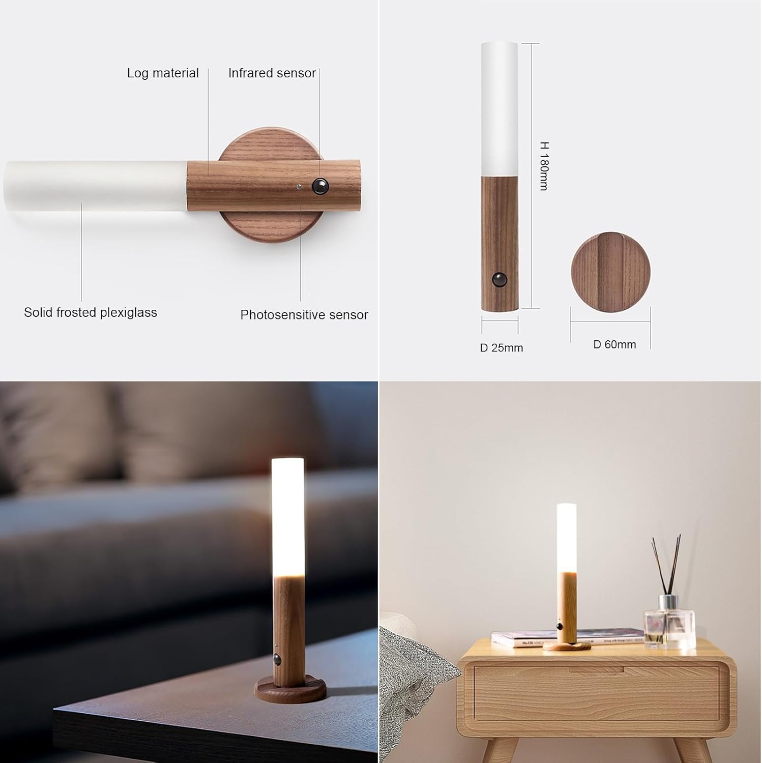 Indoor LED Night Light with Motion Sensor Wooden Wall Light Magnetic USB - Olmecs