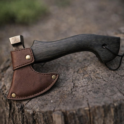 Compact Hand Axe with Wooden Handle – Camping Hatchet Chopping Axe with Leather Sheath for Wood Splitting, Survival Tactical Axe, Outdoor Bushcraft (Vintage Axe)