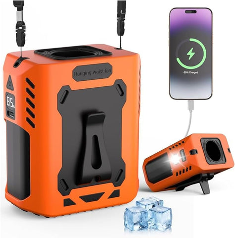 Portable Hanging Waist Fan – Rechargeable Hands-Free Cooling Fan with Digital Display for Outdoor Work, Camping