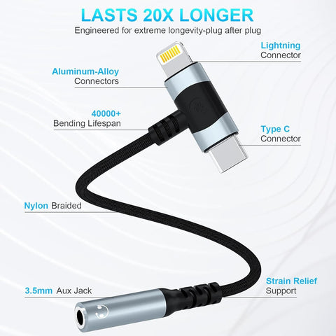 Lightning to 3.5mm, 2-in-1 USB-C to 3.5mm with HiFi Audio Quality, Functional Headphone Jack Adapter with Wide Compatibility