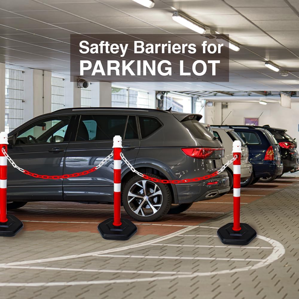 Olmecs Portable 100CM Delineator Post Cones with Weighted Base | Safety Demountable Reflective Traffic Delineator Warning Post for Parking Lot with Sign Board Attachable Socket (2Pc Red with Chain)