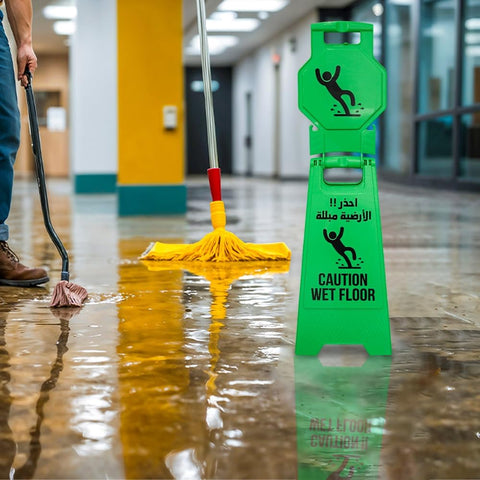 Olmecs Green Caution Wet Floor Sign – Arabic & English Folding Safety Board with Lock Clip – Double-Sided Slip