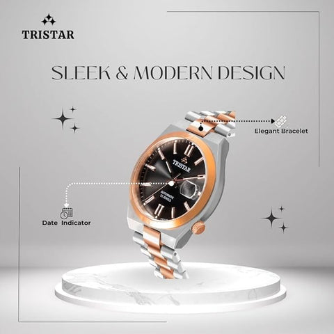 Tristar NJ Series Men's Automatic Watch Black Index Dial Rose Gold 2 Tone Bracelet Wrist Watch for Men