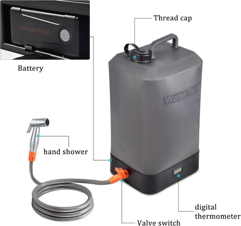 Portable Outdoor Shower, 4.5 Gallon Silicone Water Tank, Battery Powered and with Temperature Display