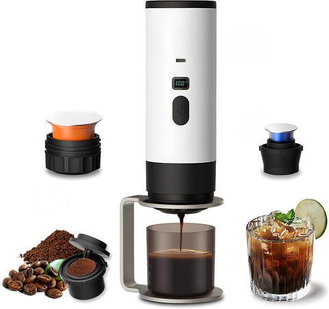 3-in-1 Portable Coffee Maker, Espresso Machine, Self-Heating Travel Coffee Maker Compatible with NS, DG Pods & Ground Coffee