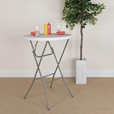 LANNY Cocktail Home Granite Round Plastic Bar Height Folding Table, Ø 60cm*H 110cm (White)