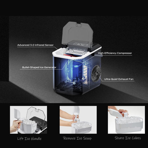 NB North Bayou Countertop Ice Maker, Stainless Steel Portable Ice Machine with Handle,Basket and Scoop, 26Lbs/24H,9 Cubes Ready in 8 Mins