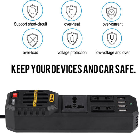 200W Car Power Inverter DC 12V to AC 220V Car Power Inverter with 4 USB Port