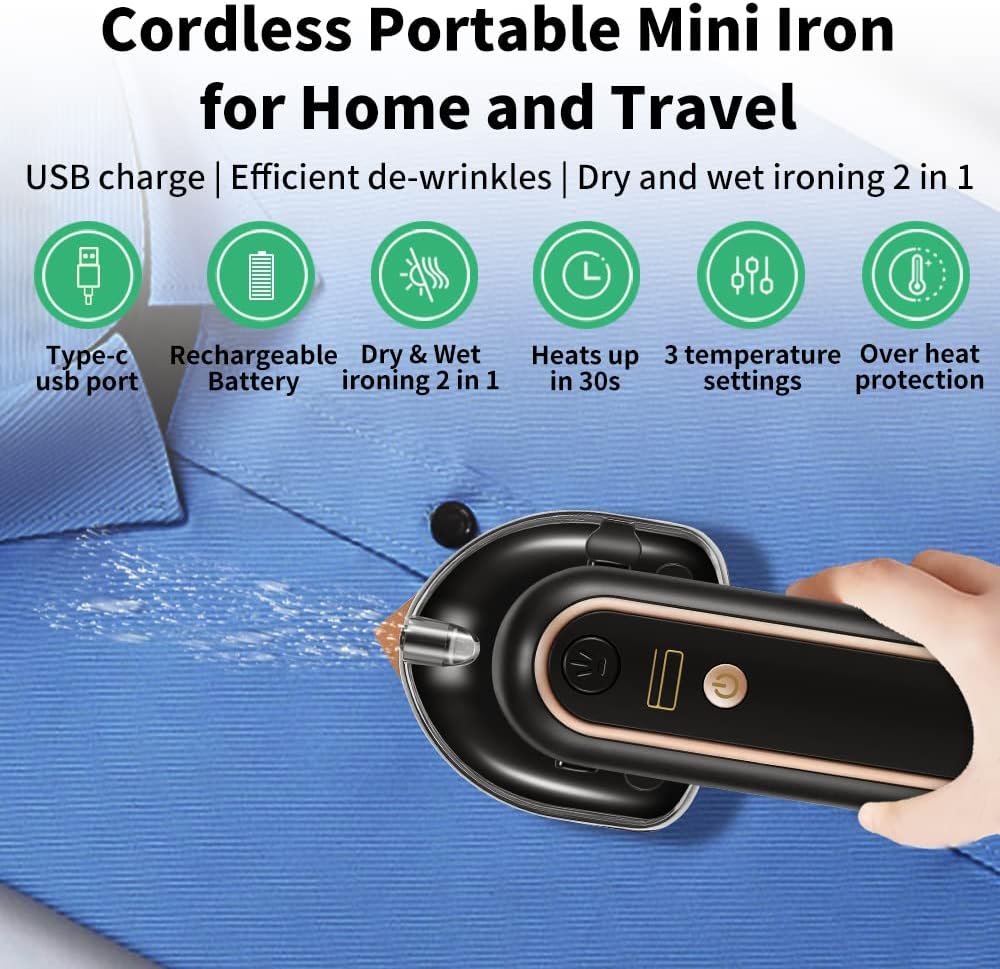 Cordless Mini Iron for Clothes, Portable Travel Iron Support Dry Wet Ironing, USB Rechargeable Steam Iro