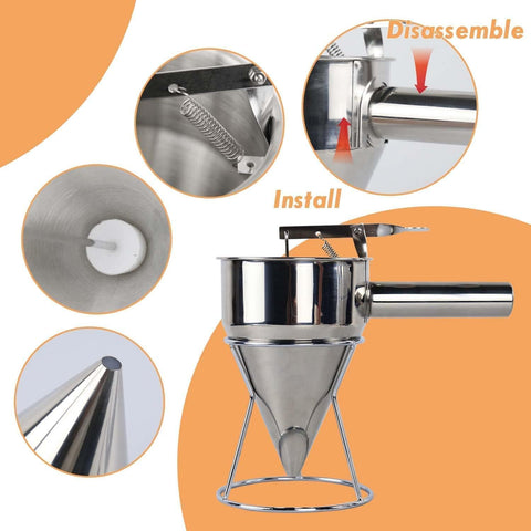 Stainless Steel Funnel Cake Dispenser, Pancake Batter Dispenser with Stand Great for Cupcakes, Takoyaki