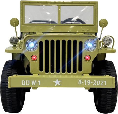VLRA kids Vintage Military Jeep Ride-On, Army Green, Electric Powered, with LED Headlights