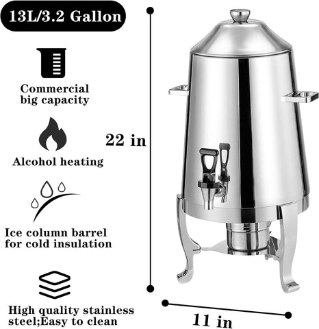 Stainless Steel Thermal Coffee Carafe Airpot Dispenser 13 L W/ Fuel Tray+Handles