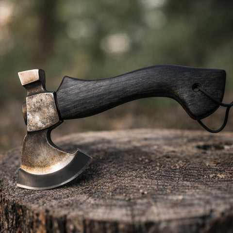 Compact Hand Axe with Wooden Handle – Camping Hatchet Chopping Axe with Leather Sheath for Wood Splitting, Survival Tactical Axe, Outdoor Bushcraft (Vintage Axe)
