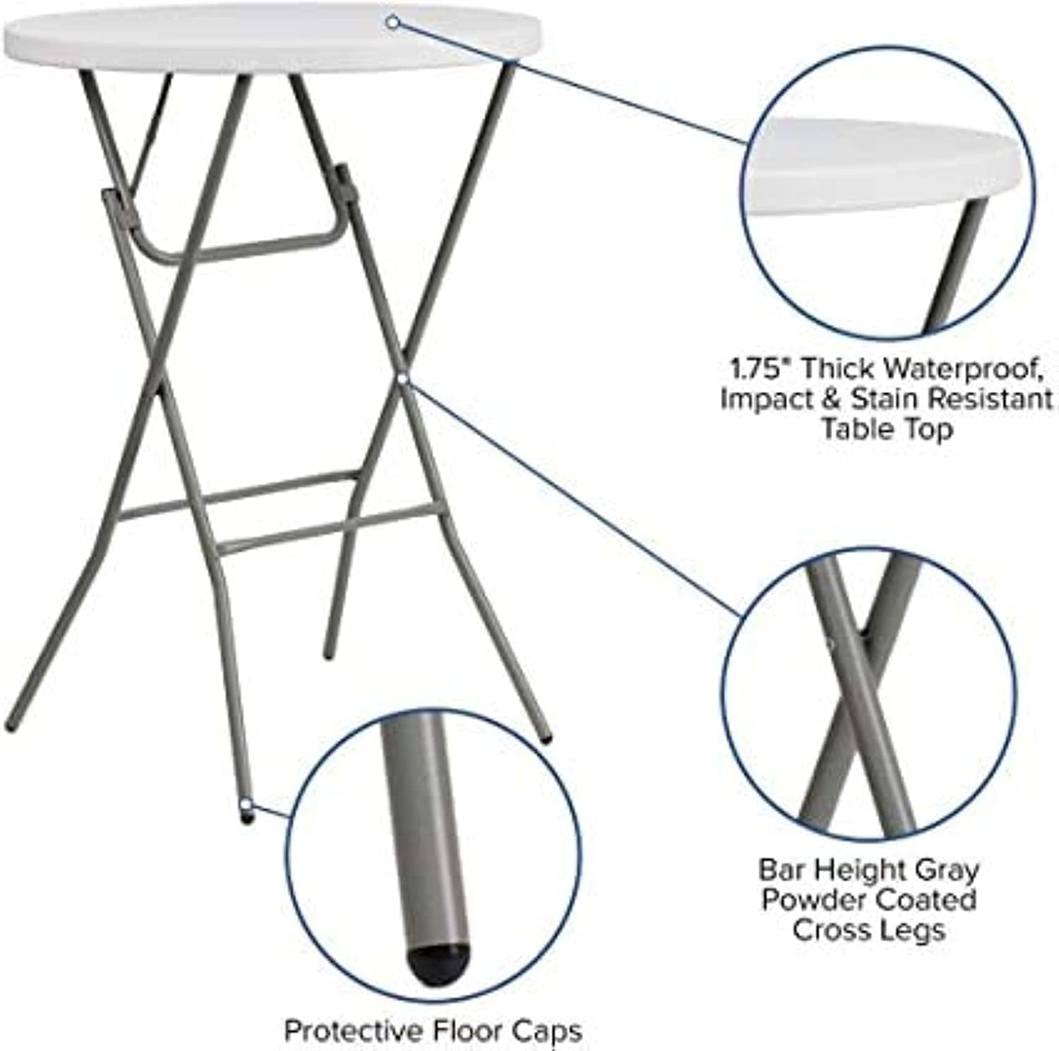 LANNY Cocktail Home Granite Round Plastic Bar Height Folding Table, Ø 60cm*H 110cm (White)
