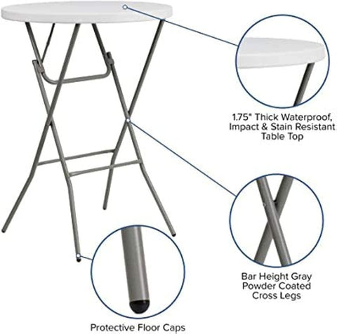 LANNY Cocktail Home Granite Round Plastic Bar Height Folding Table, Ø 60cm*H 110cm (White)