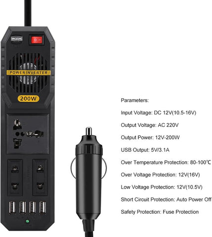 200W Car Power Inverter DC 12V to AC 220V Car Power Inverter with 4 USB Port
