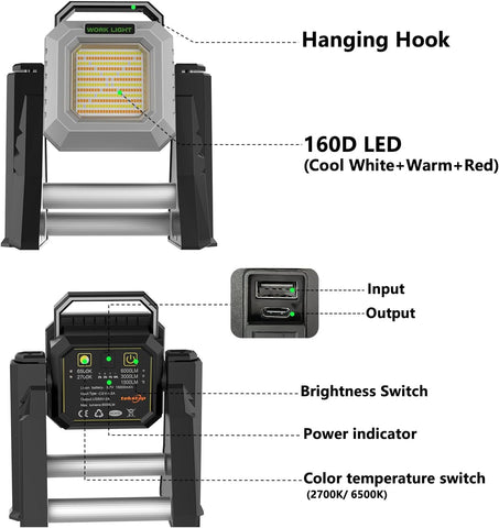 Cordless Work Lights - 15000mAh Rechargeable Work Light Telescopic with Stand