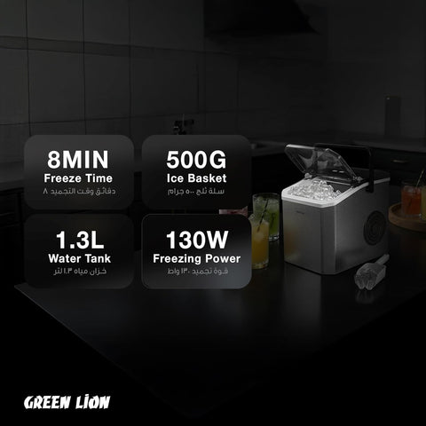 Green Lion Stainless Steel Countertop Ice Maker with Handle, Self-Cleaning Ice Maker Machine with 2 Sizes of Bullet Ice