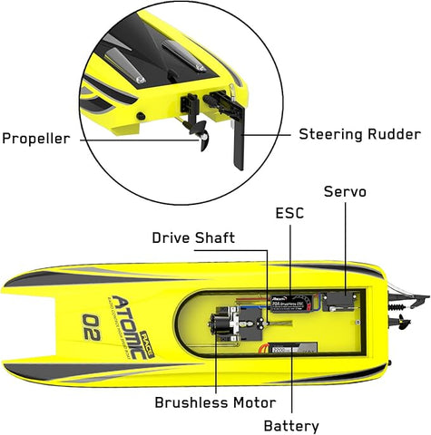 VOLANTEXRC Atomic Brushless Remote Control Outdoor Electric Racing Boat 45MPH for Pools and Lakes with Rechargeable Battery, Yellow