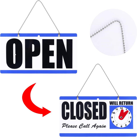 Willow Double-Sided Open/Closed/Will Return Sign with Clock Hands, 6" x 11.5", Blue (2 Pcs)