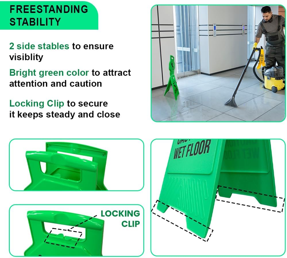 Olmecs Green Caution Wet Floor Sign – Arabic & English Folding Safety Board with Lock Clip – Double-Sided Slip