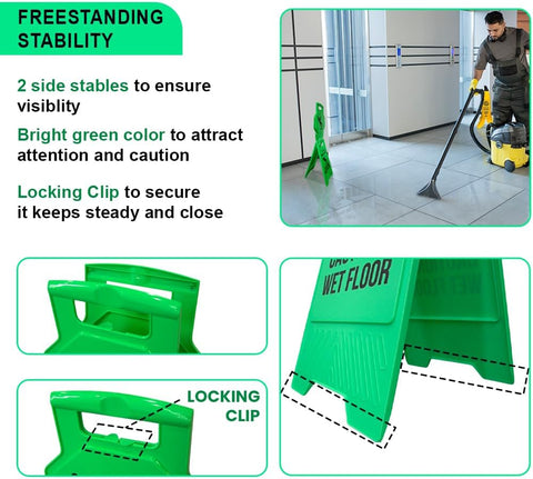 Olmecs Green Caution Wet Floor Sign – Arabic & English Folding Safety Board with Lock Clip – Double-Sided Slip
